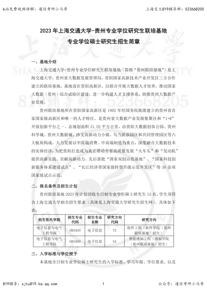 23年上海交大-贵州联培基地专硕招生简章-上海交大819考研